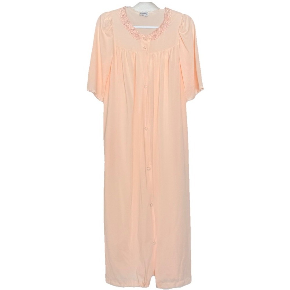 Vintage Lorraine Peach Nylon Lace Trim‎ Nightgown Button Front Size M